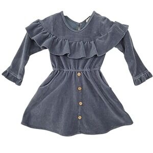 Mabel + Honey Girls Corduroy Dress Blue Ruffle Button Front Long Sleeve Size 4
